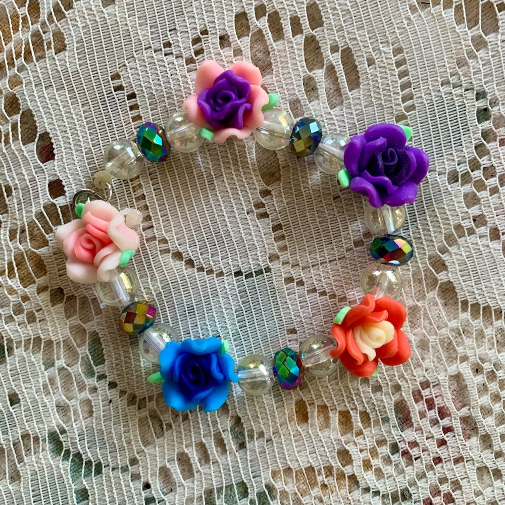 Colorful Flowery Bracelet With Rose Charms And Crystals Size 7” Says Look At Me!